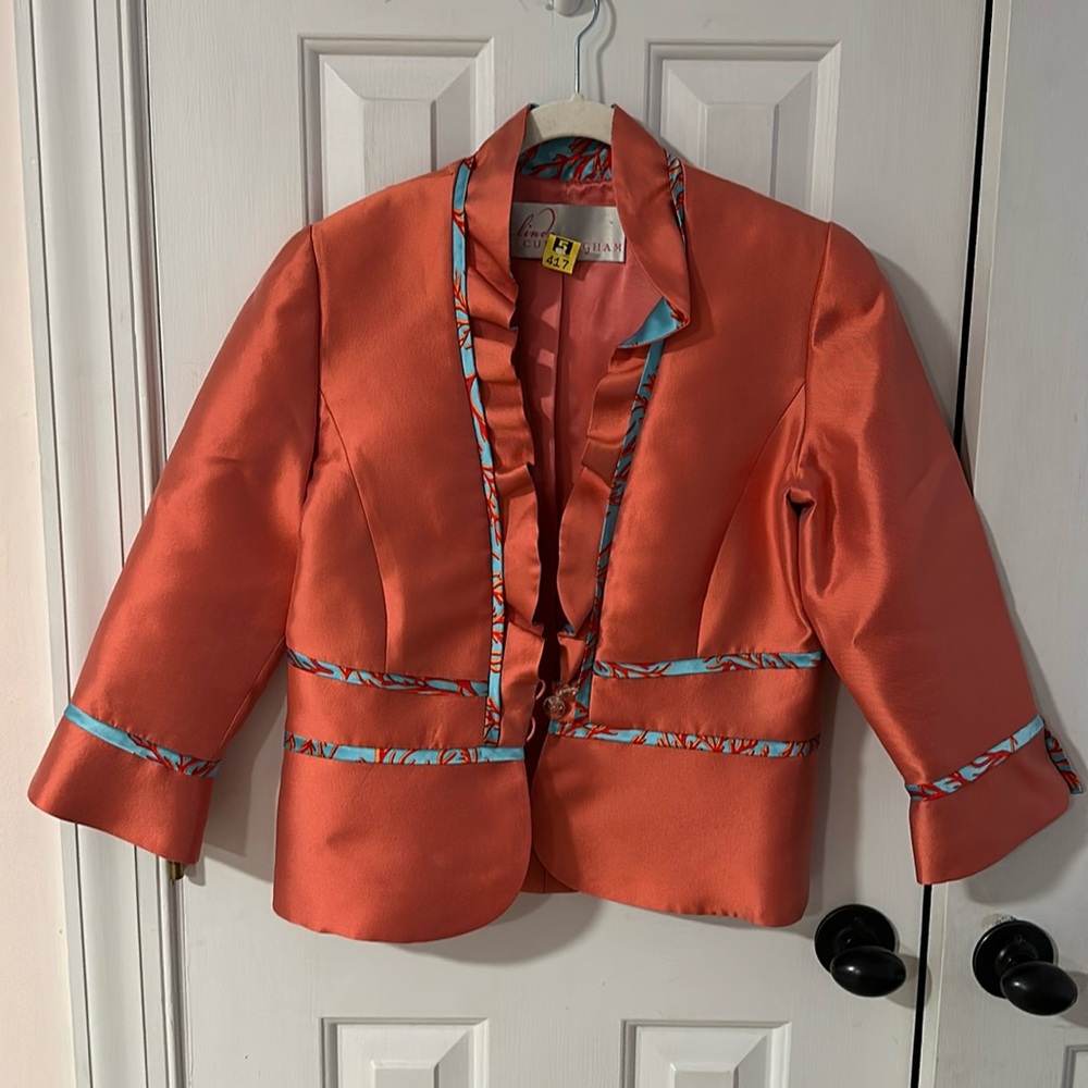 Linda Cunningham Tailored Silk Palm Beach Style Coral Jacket Blazer Size M